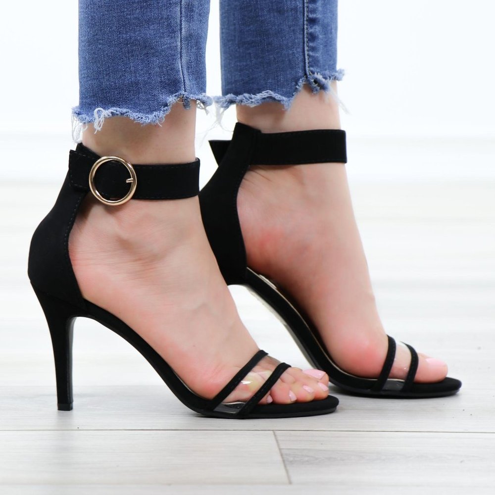 Velvet Black Open Toe Clear Strap High Heel Sandal - Picture 4 of 13